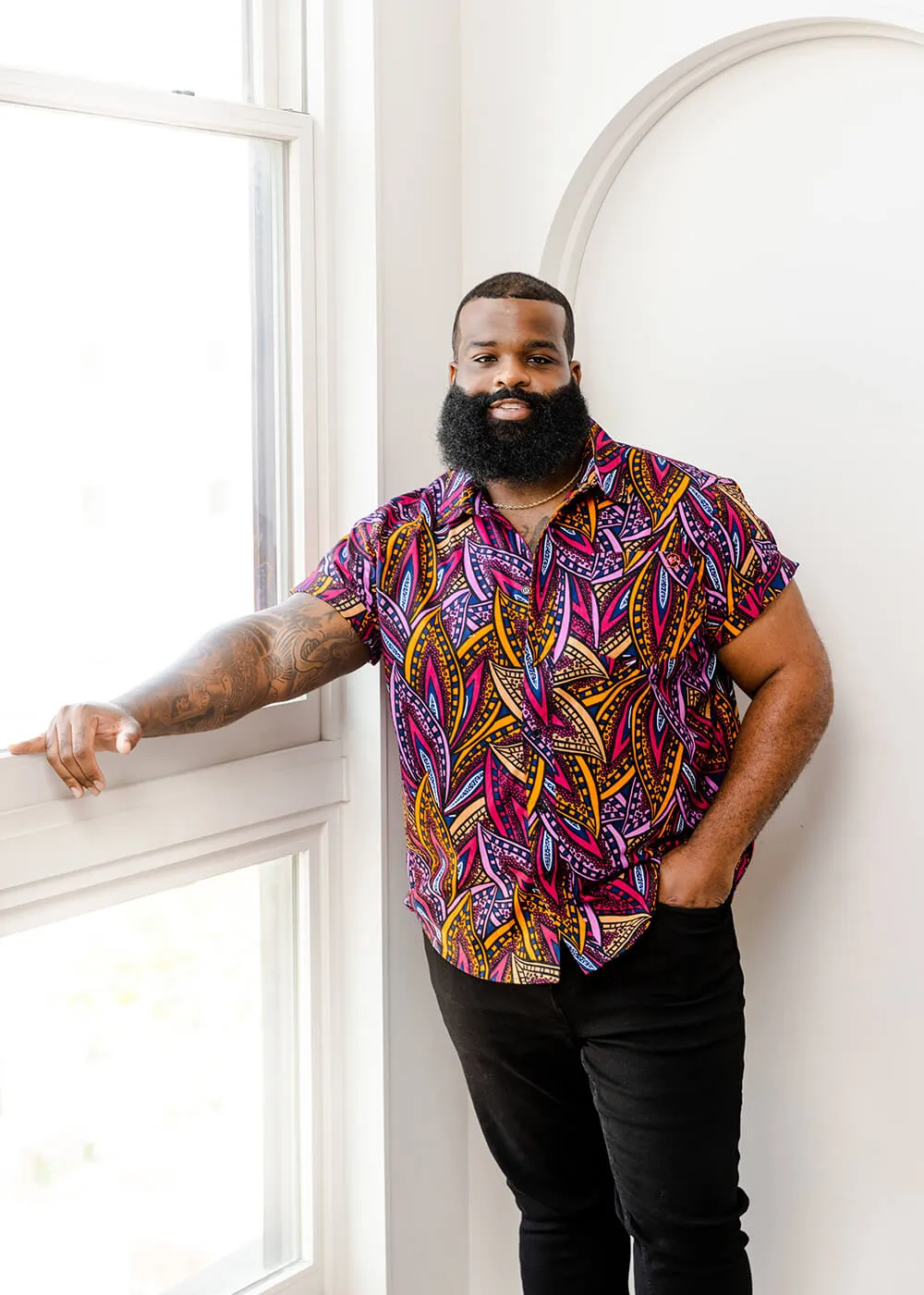 Keyon Men's African Print Button-Up Shirt (Sunset Leaves) sold by D'iyanu product image thumbnail 3