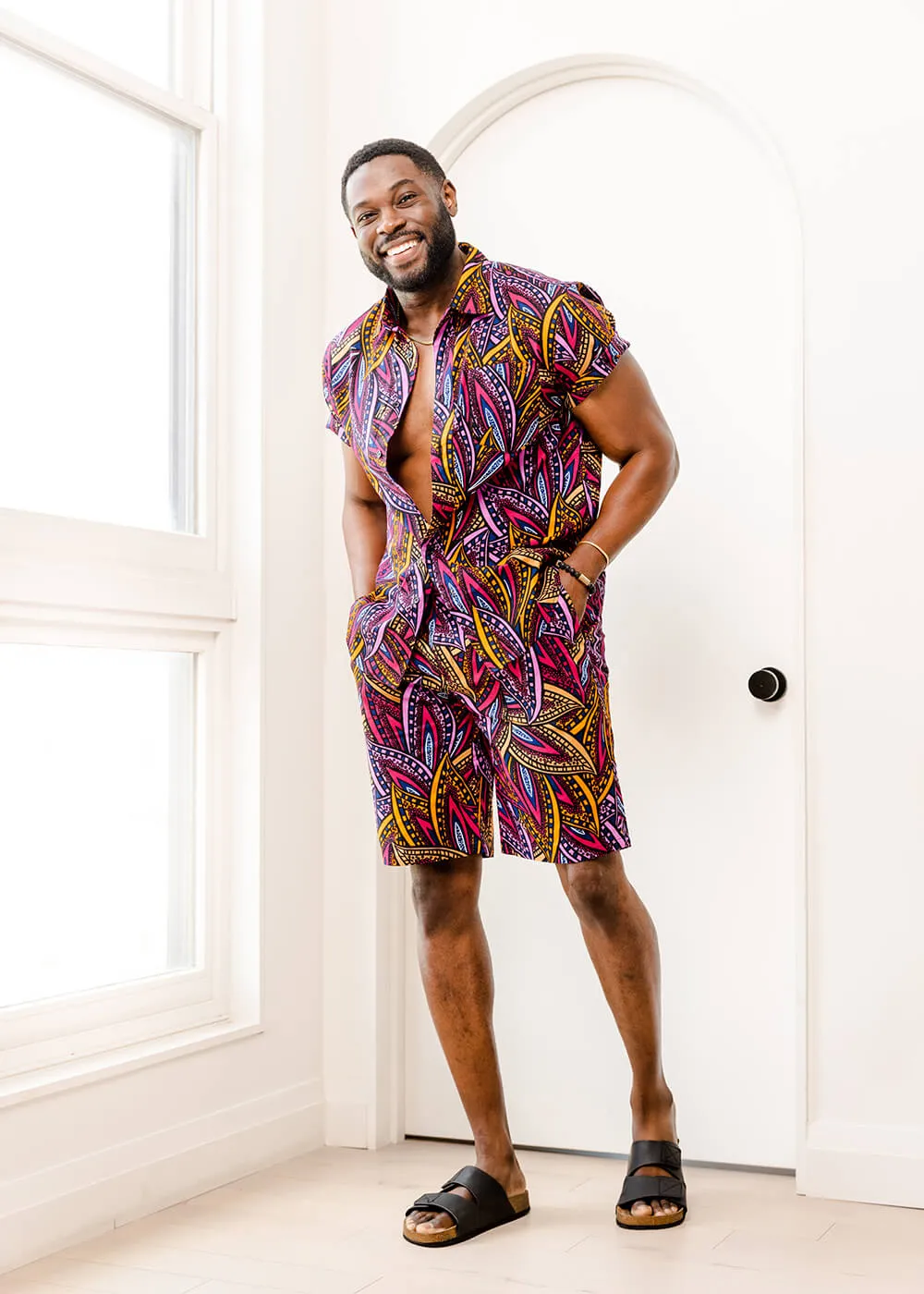 Keyon Men's African Print Button-Up Shirt (Sunset Leaves) sold by D'iyanu product image thumbnail 2