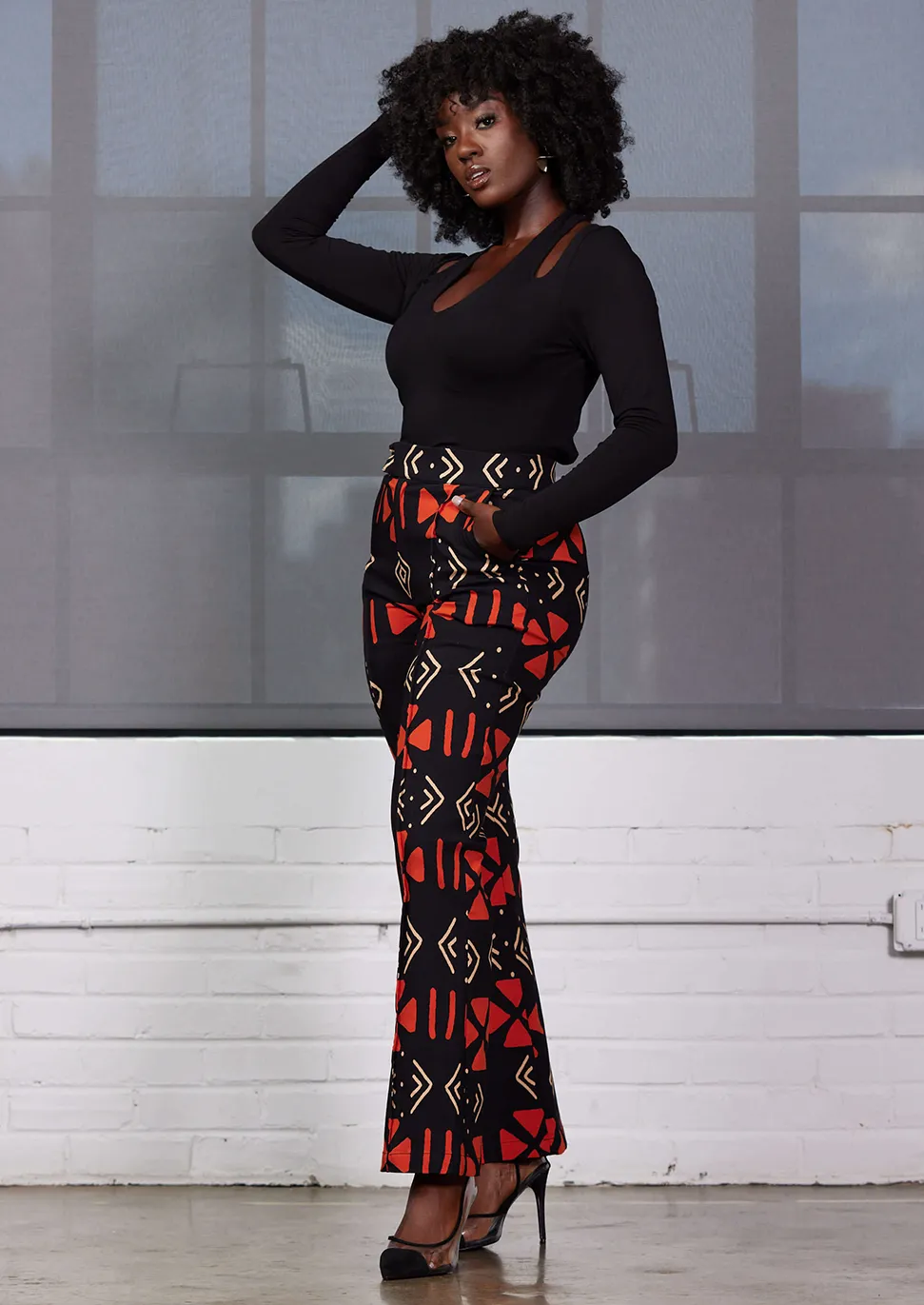 Abebe Women's African Print Stretch Wide Leg Pants (Natural Mudcloth) sold by D'iyanu product image thumbnail 2