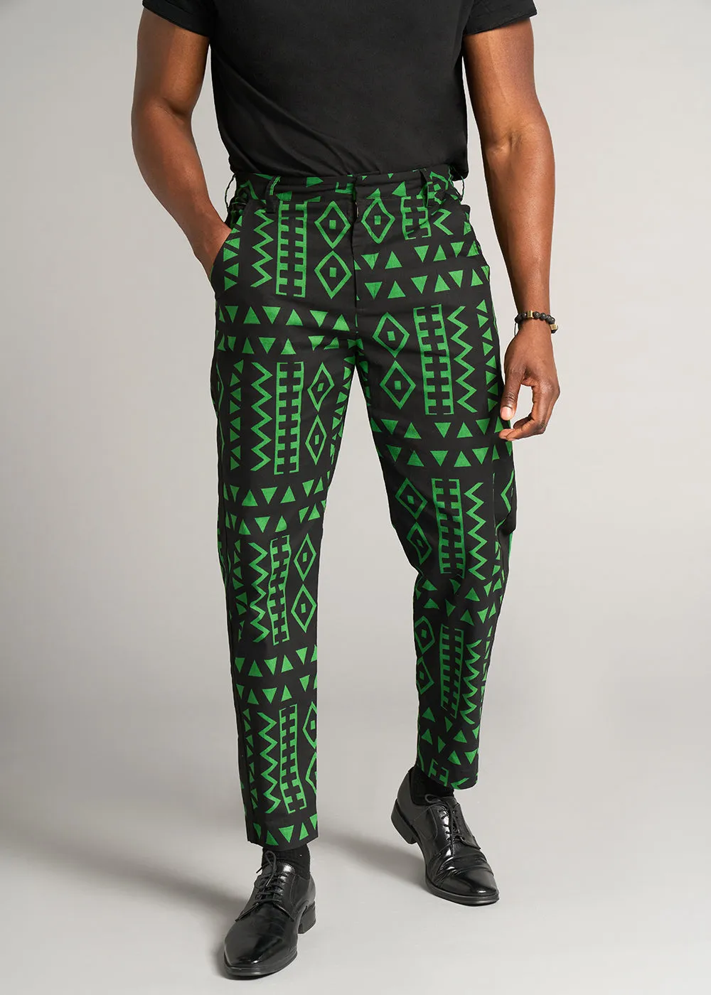 Tendai Men's African Print Trousers (Moss Black Geometric) - Clearance sold by D'iyanu