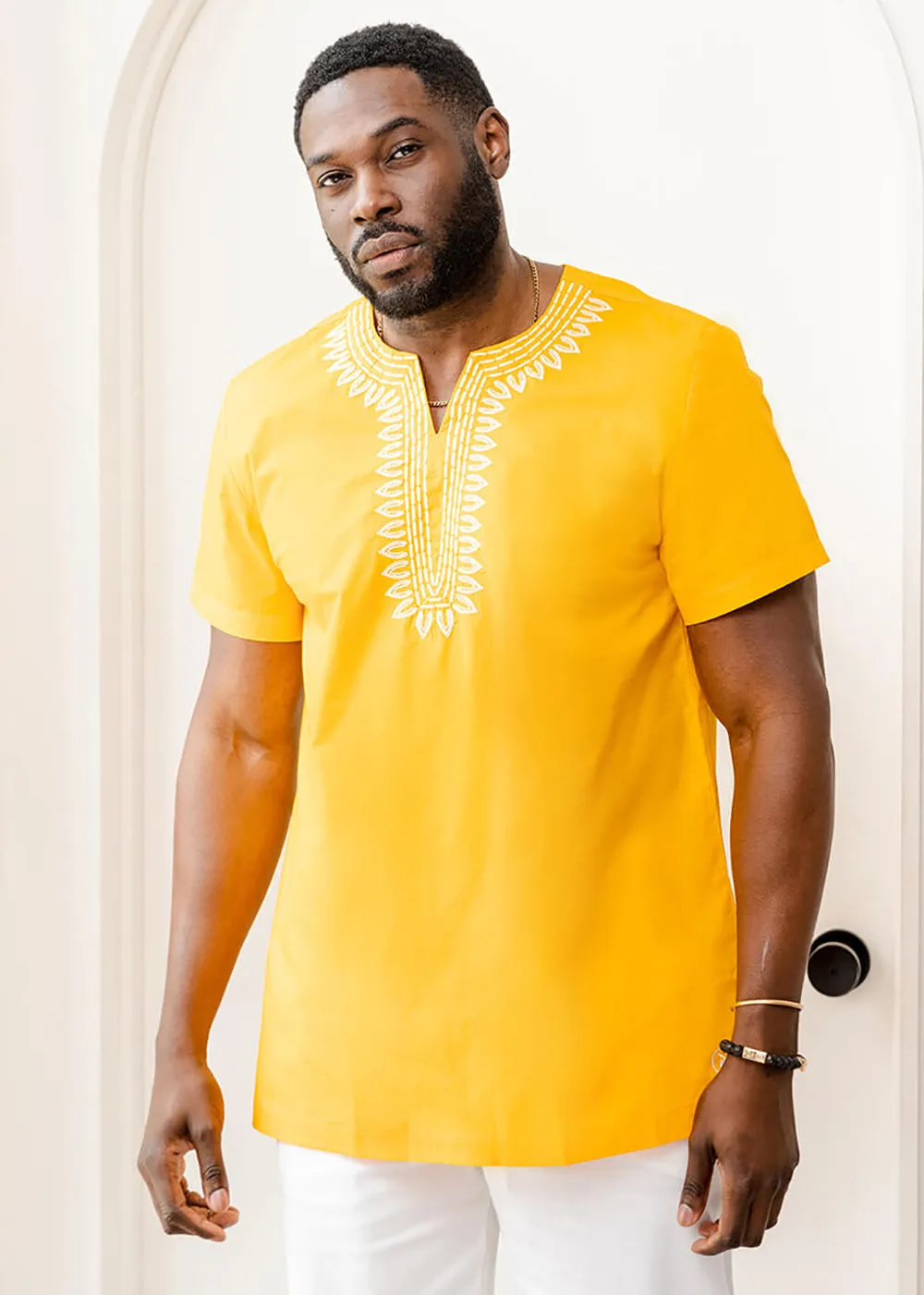 Lubanzi Men's African Embroidered Tunic Shirt (Gold) - Clearance sold by D'iyanu