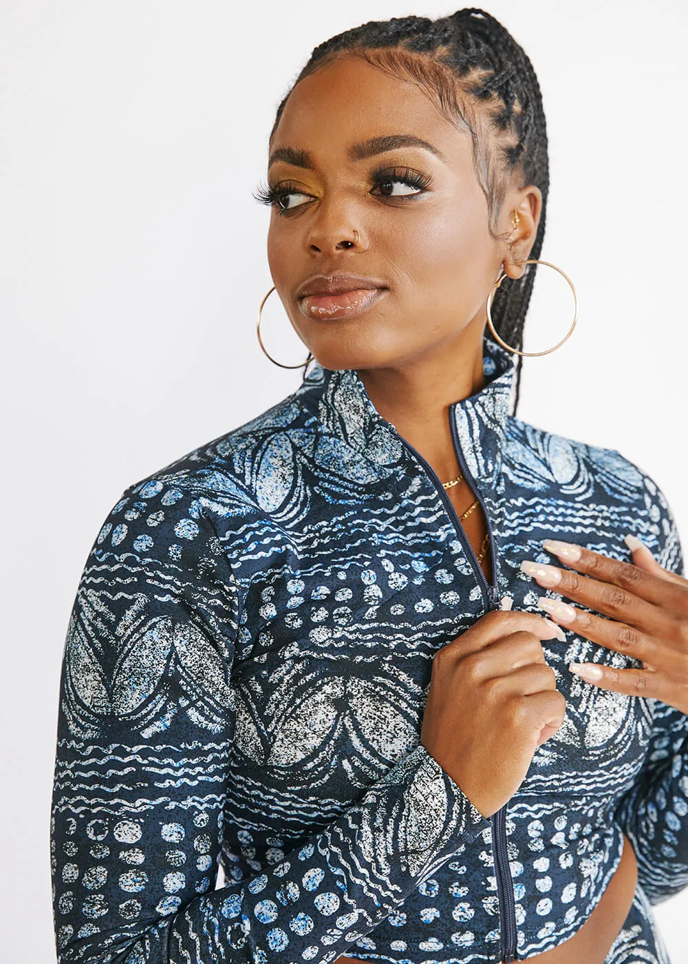 Anaya Women's African Print Zip-Up Crop Top (Navy Gray Adire) - Clearance sold by D'iyanu product image thumbnail 3