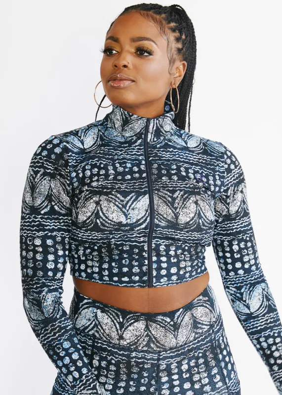 Anaya Women's African Print Zip-Up Crop Top (Navy Gray Adire) - Clearance sold by D'iyanu