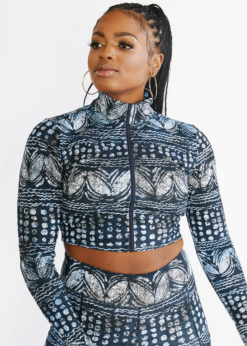 Anaya Women's African Print Zip-Up Crop Top (Navy Gray Adire) - Clearance sold by D'iyanu