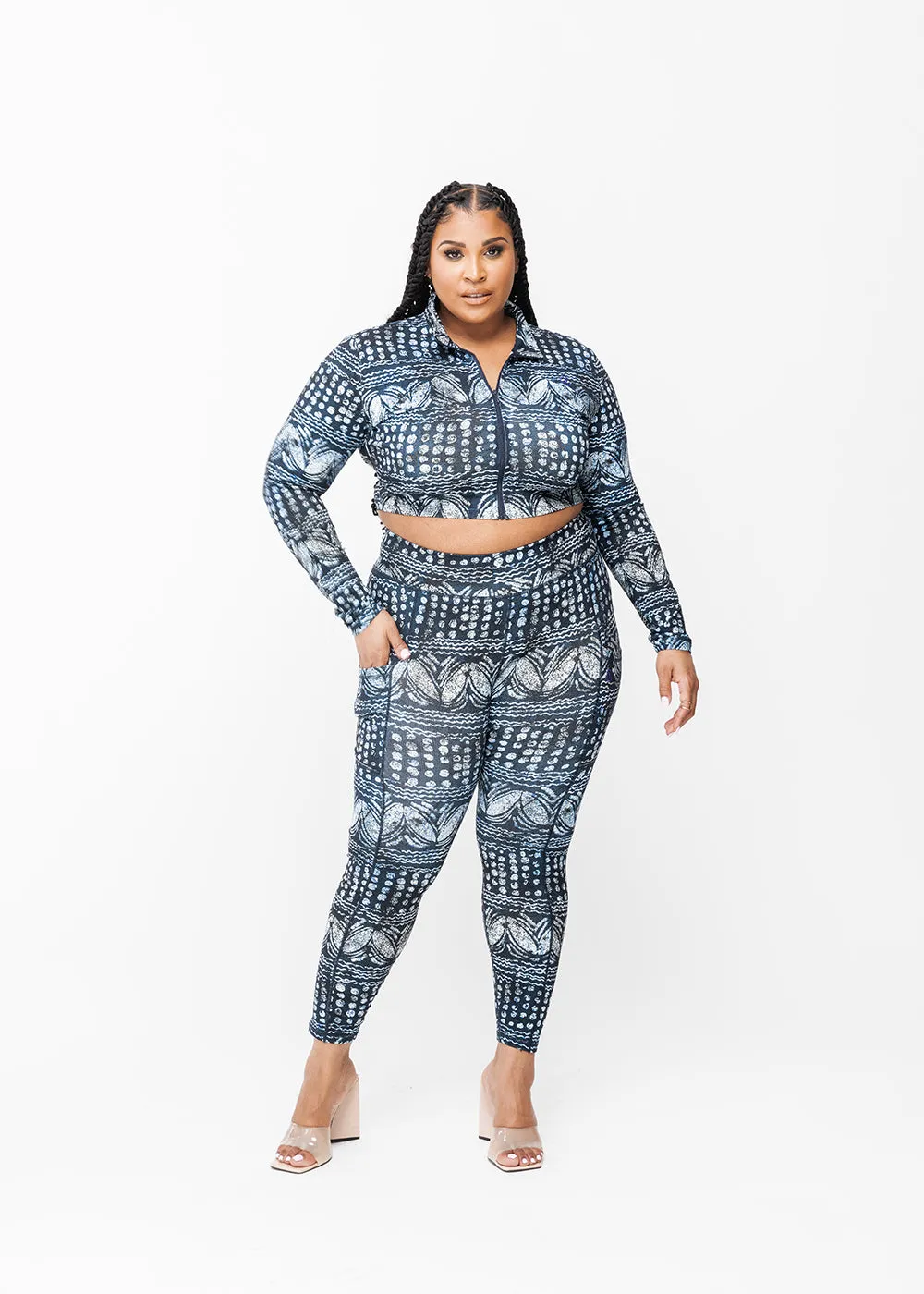 Anaya Women's African Print Zip-Up Crop Top (Navy Gray Adire) - Clearance sold by D'iyanu product image thumbnail 2