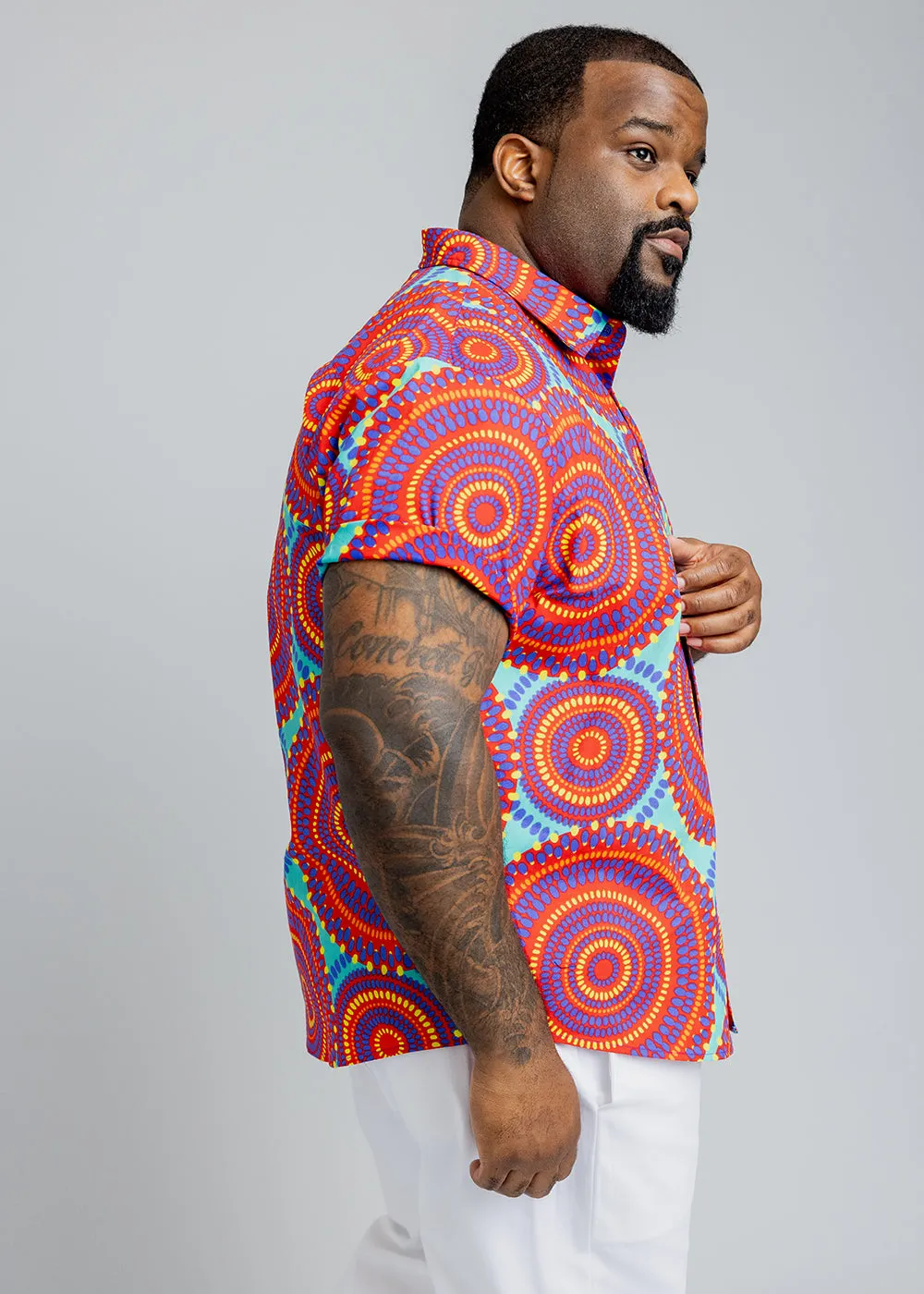 Keyon Men's African Print Button-Up Shirt (Turquoise Red Circles) - Clearance sold by D'iyanu product image thumbnail 3