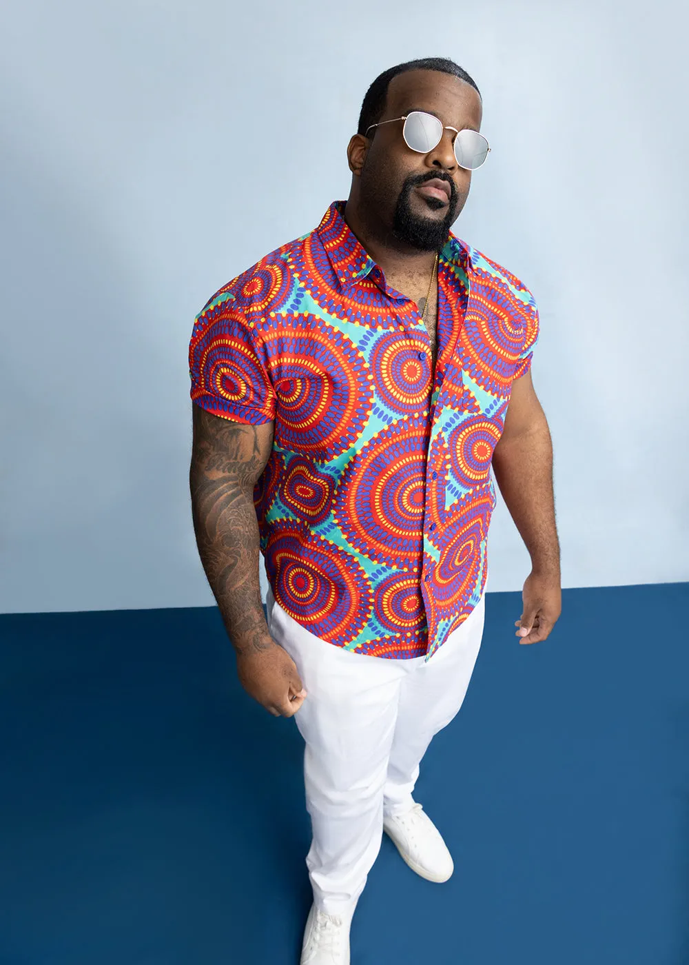 Keyon Men's African Print Button-Up Shirt (Turquoise Red Circles) - Clearance sold by D'iyanu