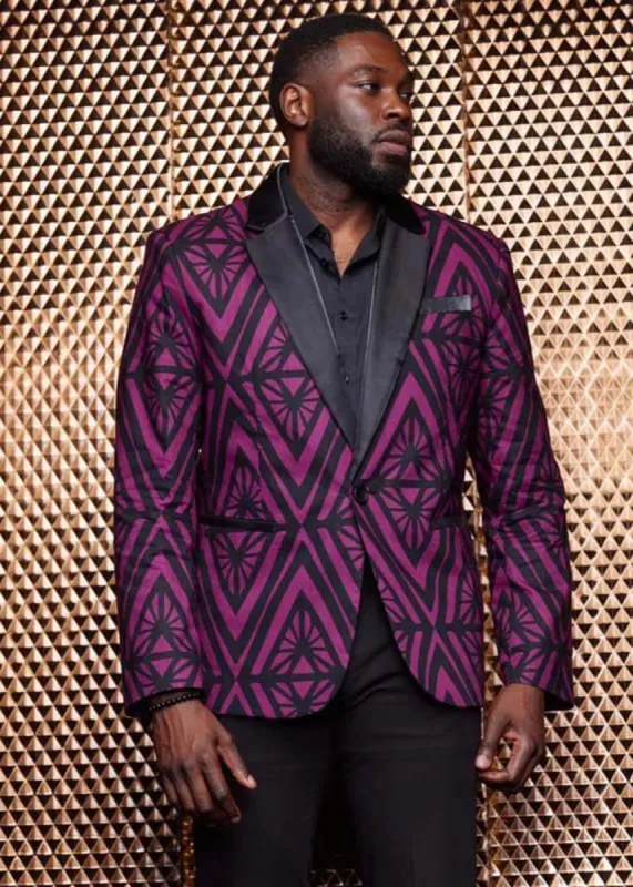 Enofe Men's African Print Blazer (Plum Diamonds) made by D'iyanu