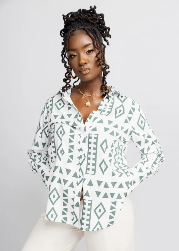 Kwamena Women's African Print Button-Up Shirt (White Olive Tribal) sold by D'iyanu