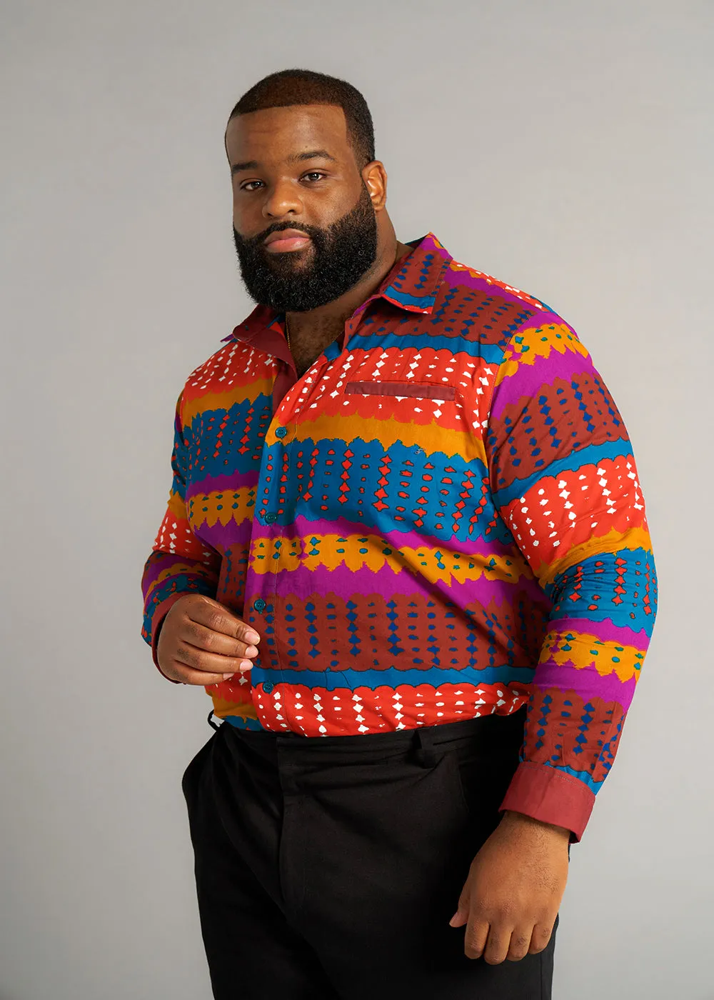 Chane Men's African Print Button-up Shirt (Orange Teal Adire) - Clearance sold by D'iyanu product image thumbnail 2