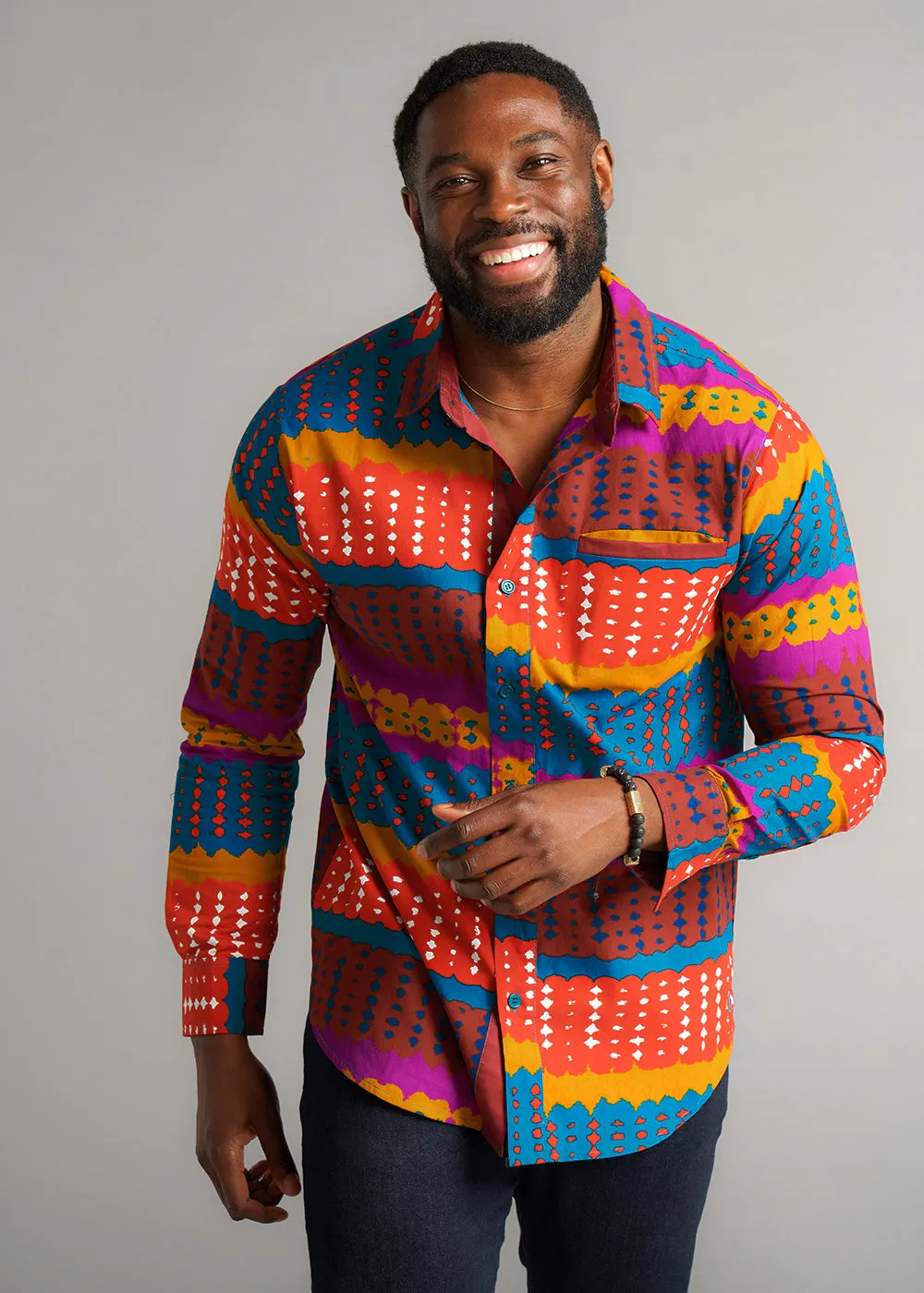 Chane Men's African Print Button-up Shirt (Orange Teal Adire) - Clearance sold by D'iyanu product image thumbnail 4