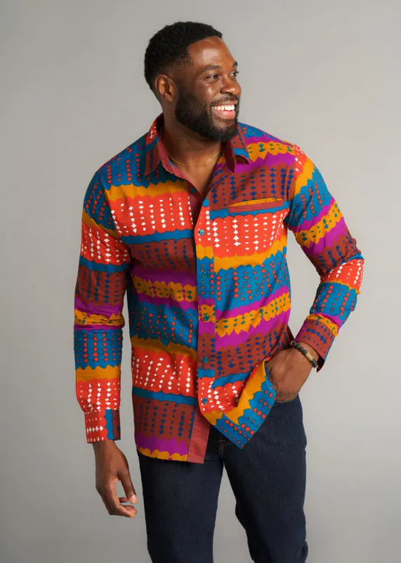 Chane Men's African Print Button-up Shirt (Orange Teal Adire) - Clearance sold by D'iyanu