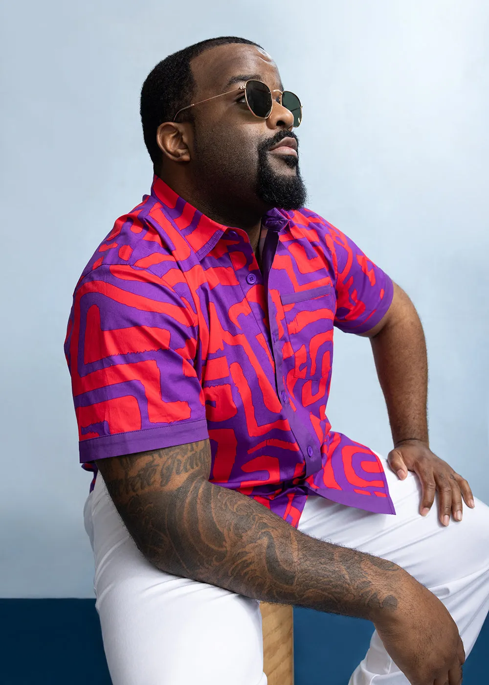 Tisholo Men's African Print Color-Blocked Shirt (Purple Red Geometric) sold by D'iyanu product image thumbnail 2