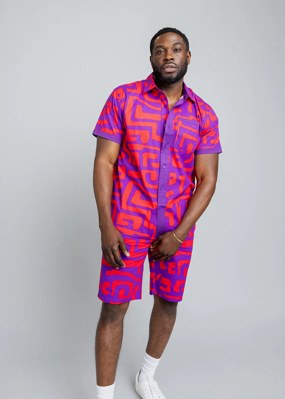 Tisholo Men's African Print Color-Blocked Shirt (Purple Red Geometric) sold by D'iyanu product image thumbnail 3