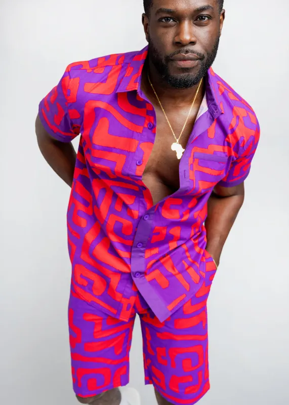 Tisholo Men's African Print Color-Blocked Shirt (Purple Red Geometric) sold by D'iyanu