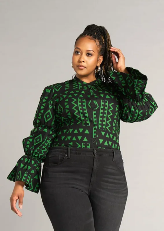 Amari Women's African Print Button-Up Top (Moss Black Geometric) sold by D'iyanu