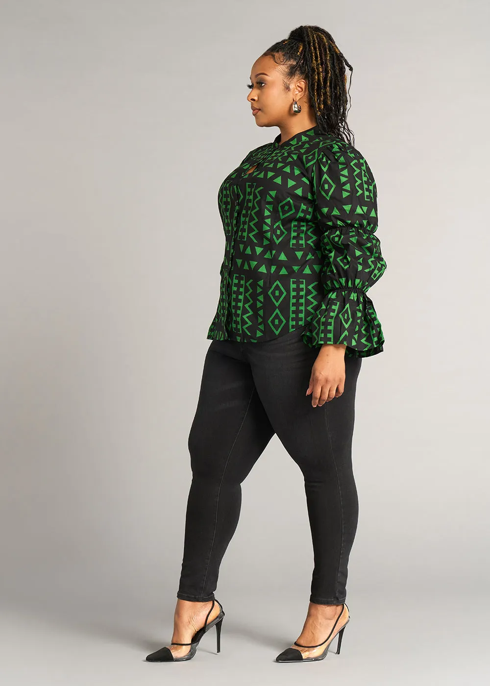 Amari Women's African Print Button-Up Top (Moss Black Geometric) sold by D'iyanu product image thumbnail 3