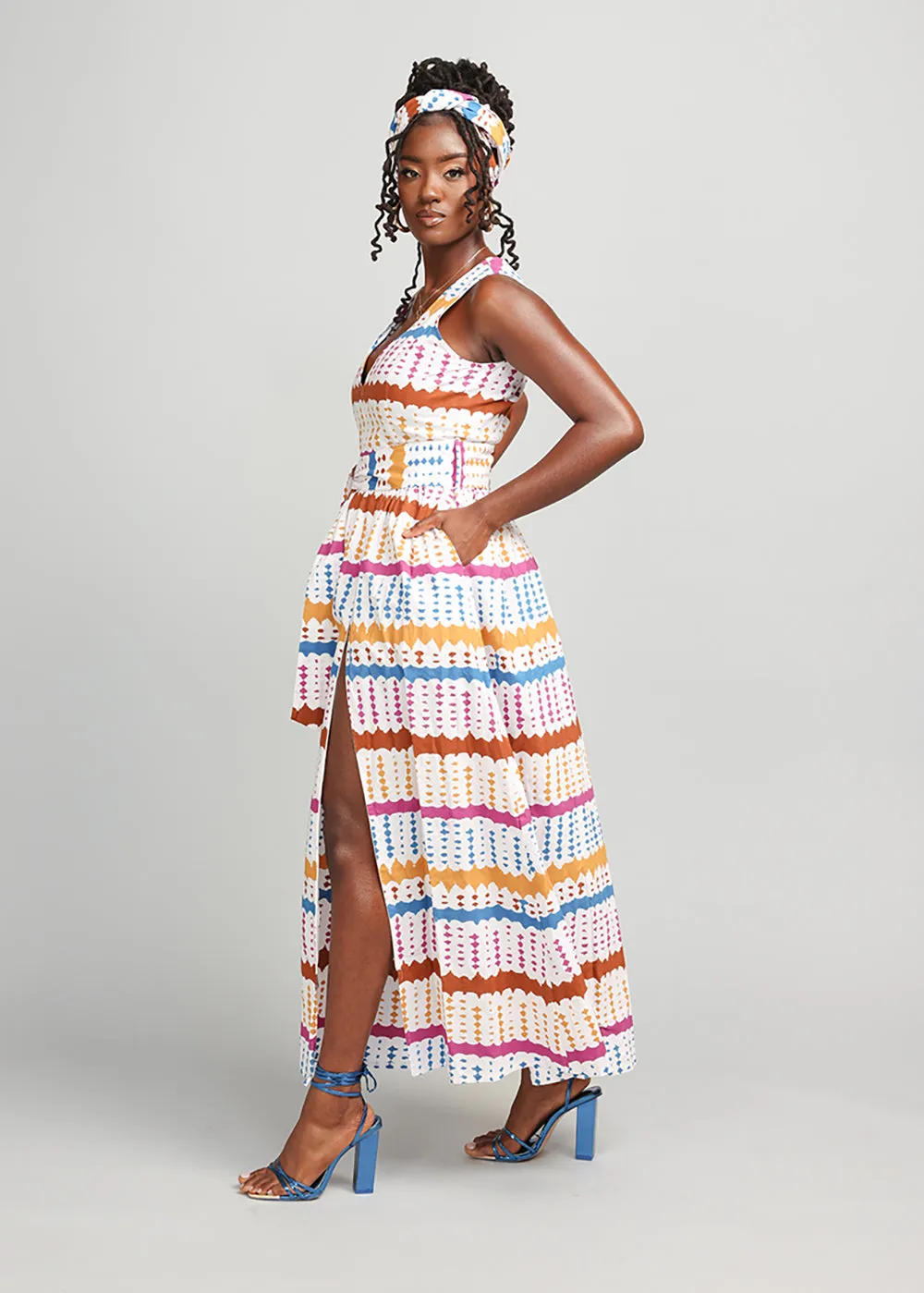 Tinashe Women's African Print Maxi Dress (White Nautical Adire) - Clearance sold by D'iyanu product image thumbnail 5