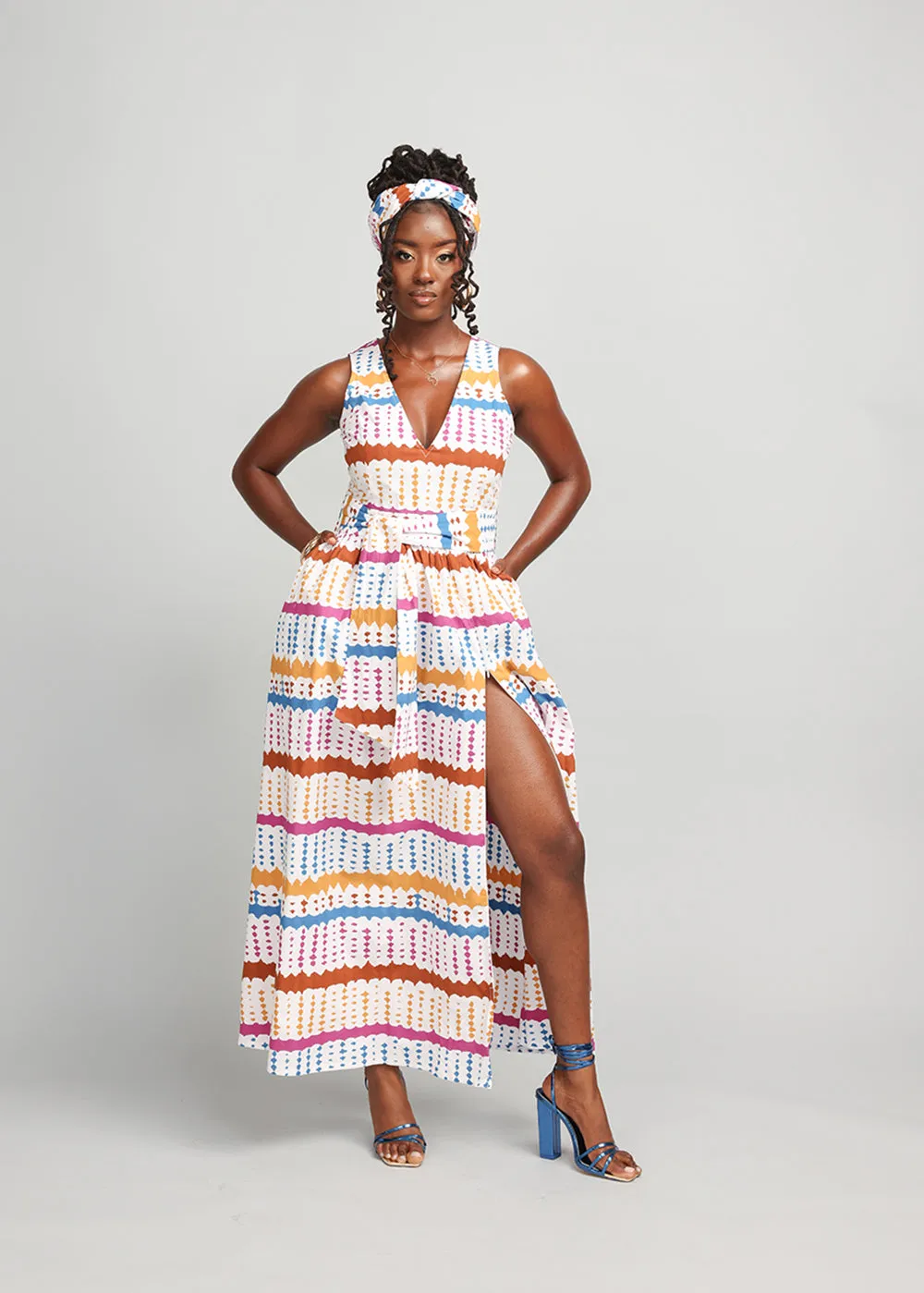 Tinashe Women's African Print Maxi Dress (White Nautical Adire) - Clearance sold by D'iyanu product image thumbnail 3