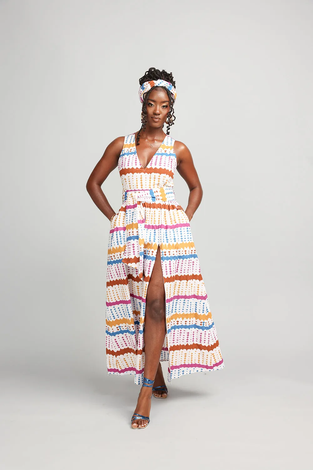 Tinashe Women's African Print Maxi Dress (White Nautical Adire) - Clearance sold by D'iyanu product image thumbnail 4