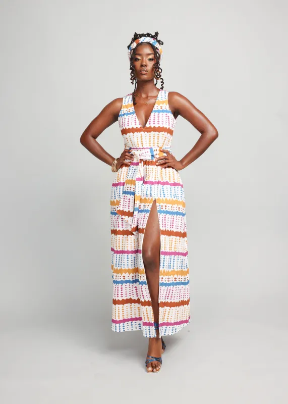 Tinashe Women's African Print Maxi Dress (White Nautical Adire) - Clearance sold by D'iyanu