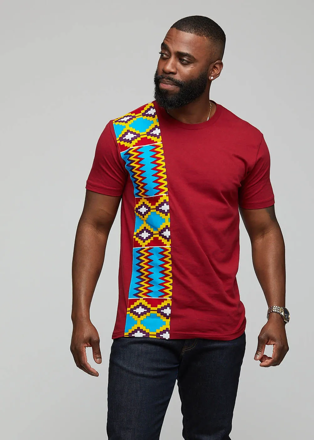 Kwau African Print T-Shirt (Maroon/Sky Blue Yellow Kente) sold by D'iyanu
