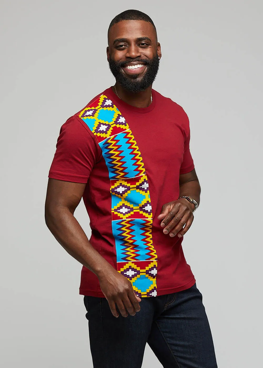 Kwau African Print T-Shirt (Maroon/Sky Blue Yellow Kente) sold by D'iyanu product image thumbnail 3