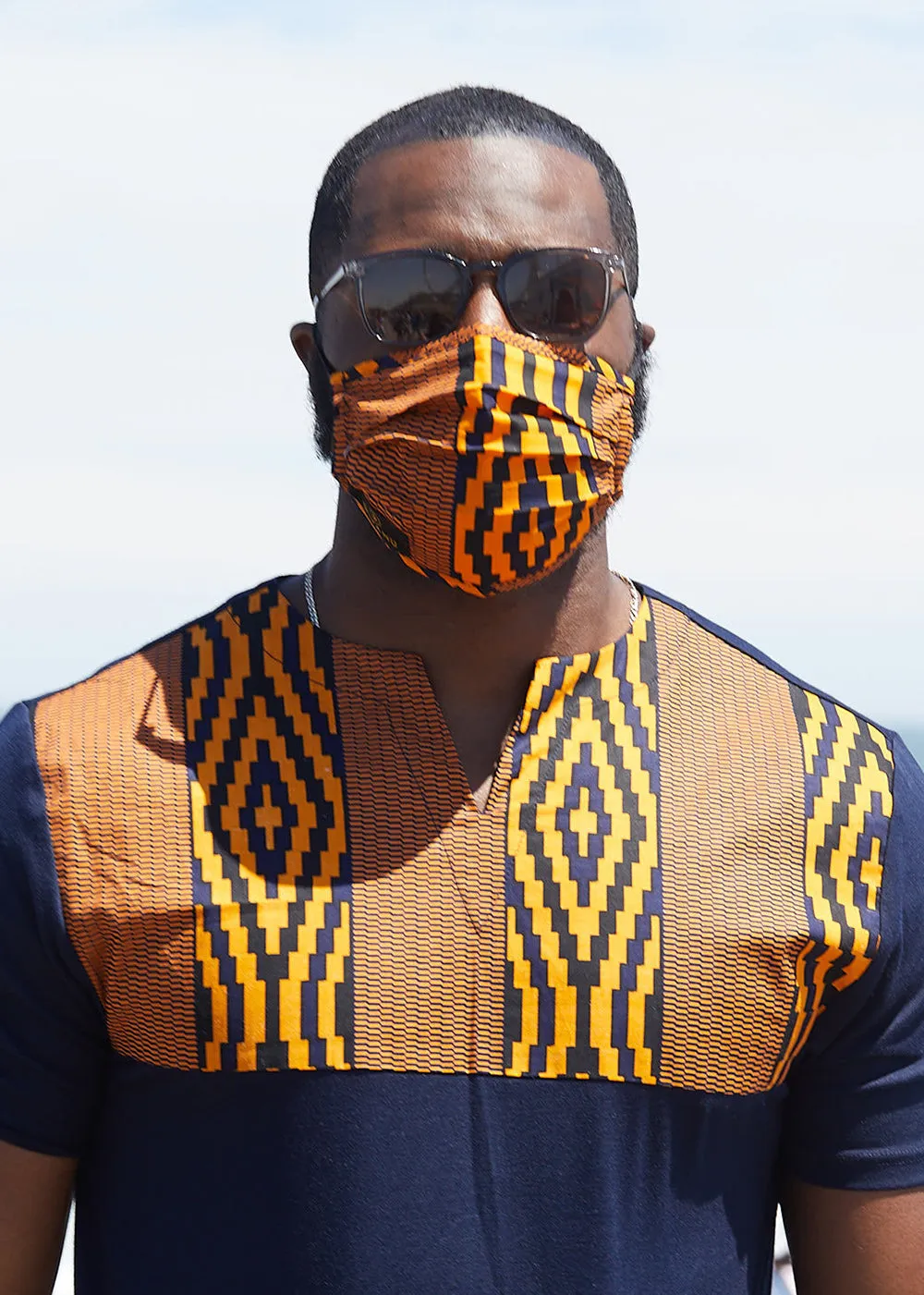 Uzo African Print 2 Layer Reusable Face Mask (Orange Navy Diamond)-Clearance sold by D'iyanu
