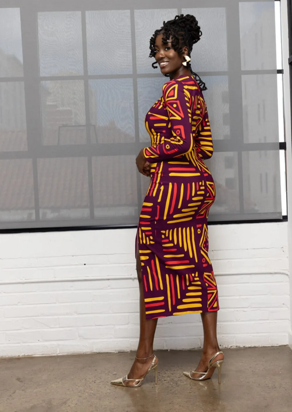 Chidima Women's African Print Stretch Midi Dress (Plum Gold Tribal) sold by D'iyanu product image thumbnail 4