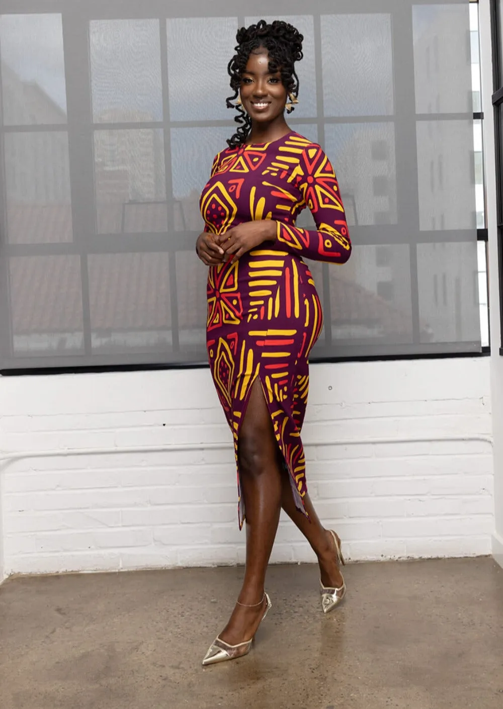 Chidima Women's African Print Stretch Midi Dress (Plum Gold Tribal) sold by D'iyanu product image thumbnail 5