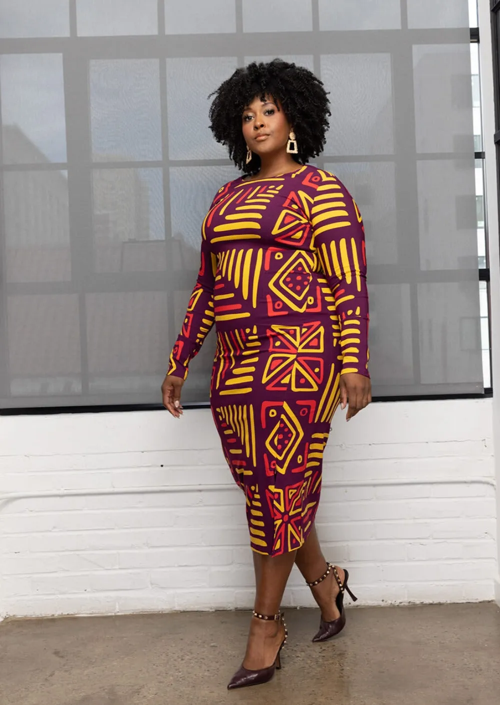 Chidima Women's African Print Stretch Midi Dress (Plum Gold Tribal) sold by D'iyanu product image thumbnail 3