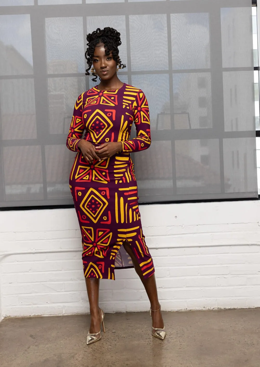 Chidima Women's African Print Stretch Midi Dress (Plum Gold Tribal) sold by D'iyanu product image thumbnail 2