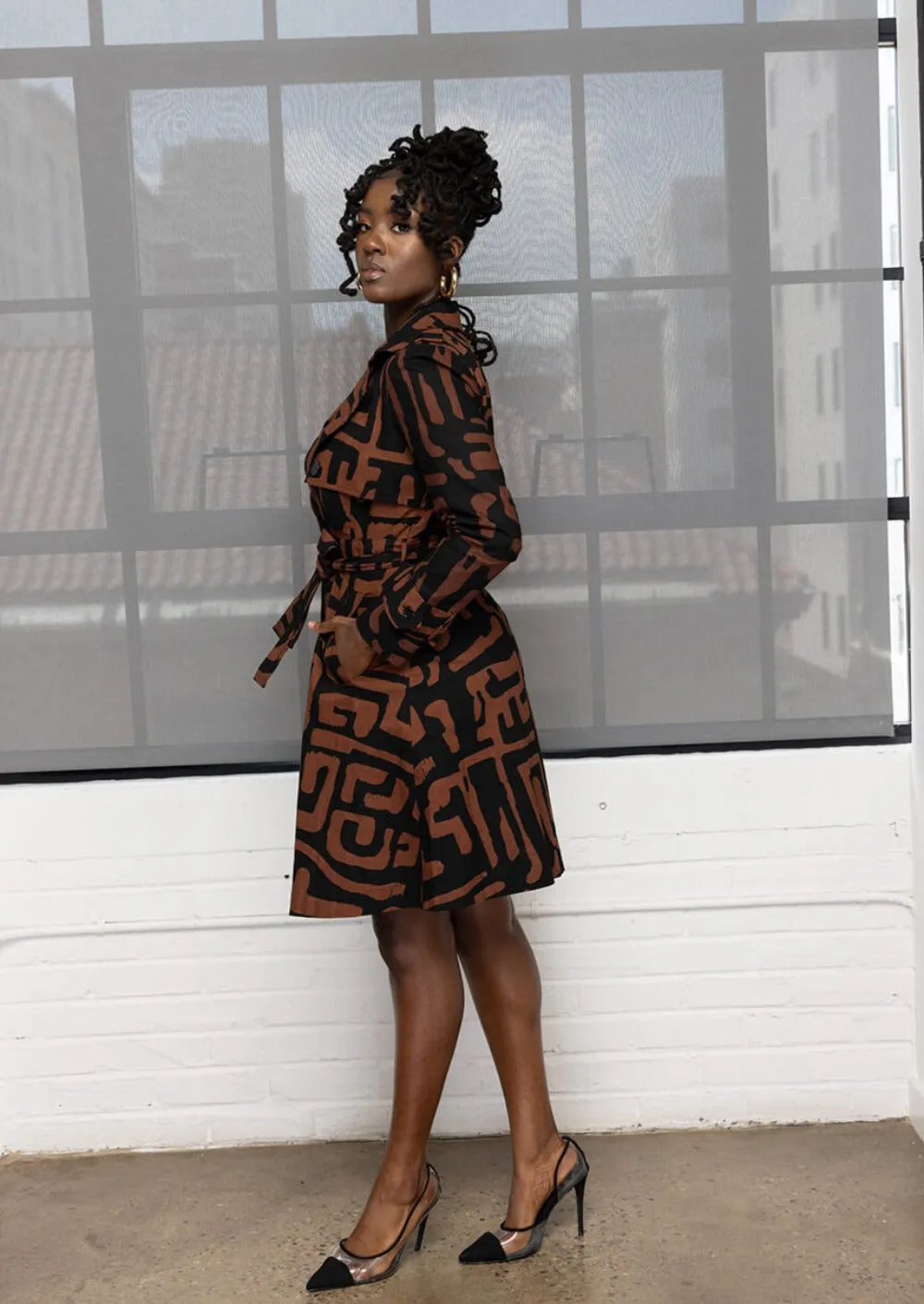 Adesina Women's African Print Utility Trench Coat (Espresso Geometric) sold by D'iyanu product image thumbnail 4