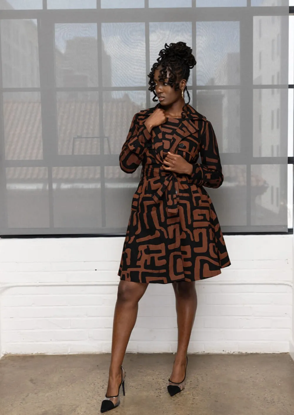 Adesina Women's African Print Utility Trench Coat (Espresso Geometric) sold by D'iyanu product image thumbnail 3