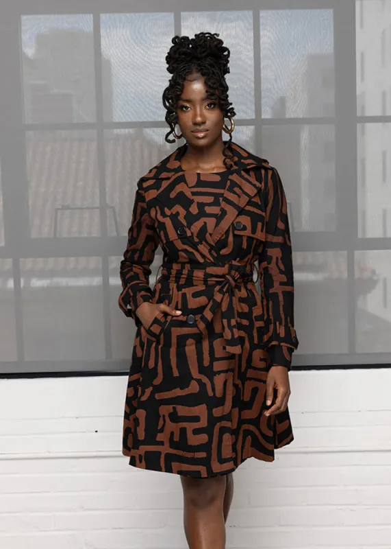 Adesina Women's African Print Utility Trench Coat (Espresso Geometric) sold by D'iyanu
