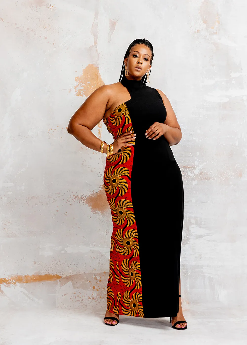 Jalia Women's African Print Stretch Gown (Black/Yellow Red Swirls) sold by D'iyanu