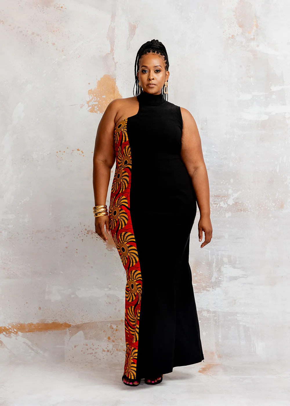 Jalia Women's African Print Stretch Gown (Black/Yellow Red Swirls) sold by D'iyanu product image thumbnail 2