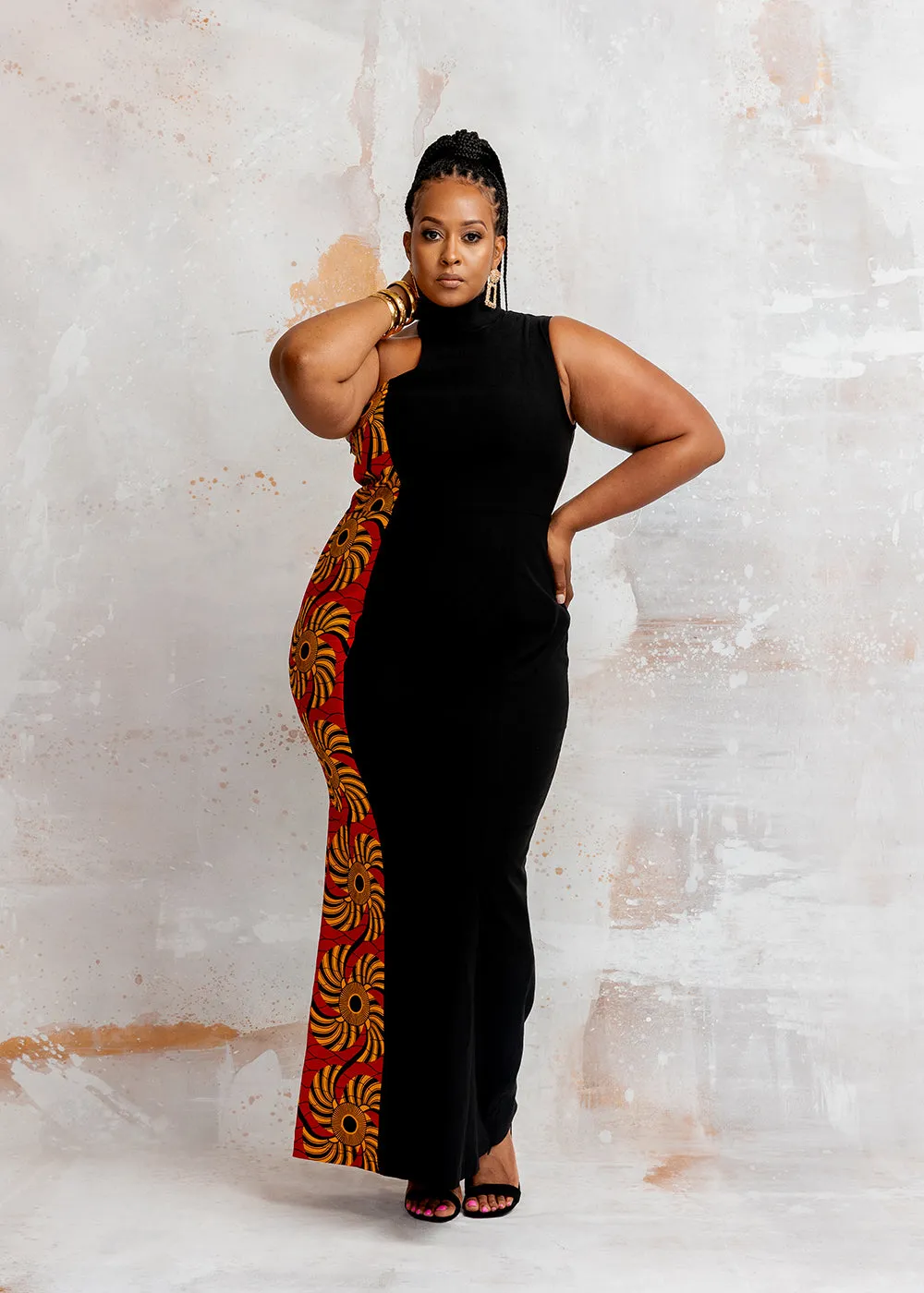 Jalia Women's African Print Stretch Gown (Black/Yellow Red Swirls) sold by D'iyanu product image thumbnail 4