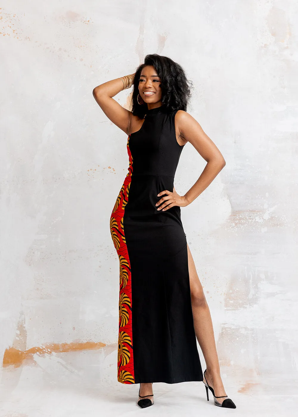 Jalia Women's African Print Stretch Gown (Black/Yellow Red Swirls) sold by D'iyanu product image thumbnail 3