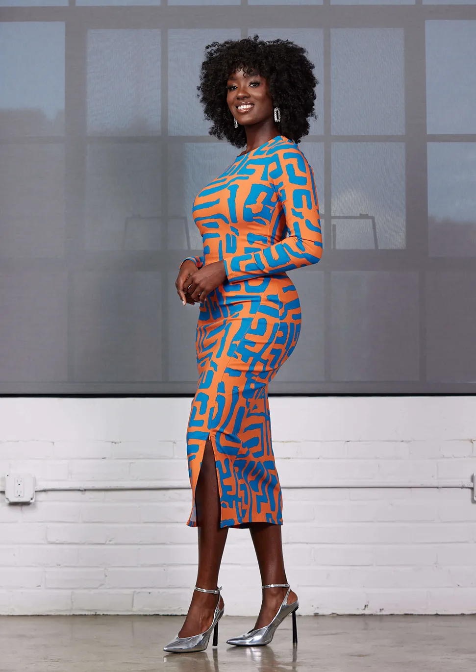 Chidima Women's African Print Stretch Midi Dress (Orange Blue Geometric) sold by D'iyanu product image thumbnail 3