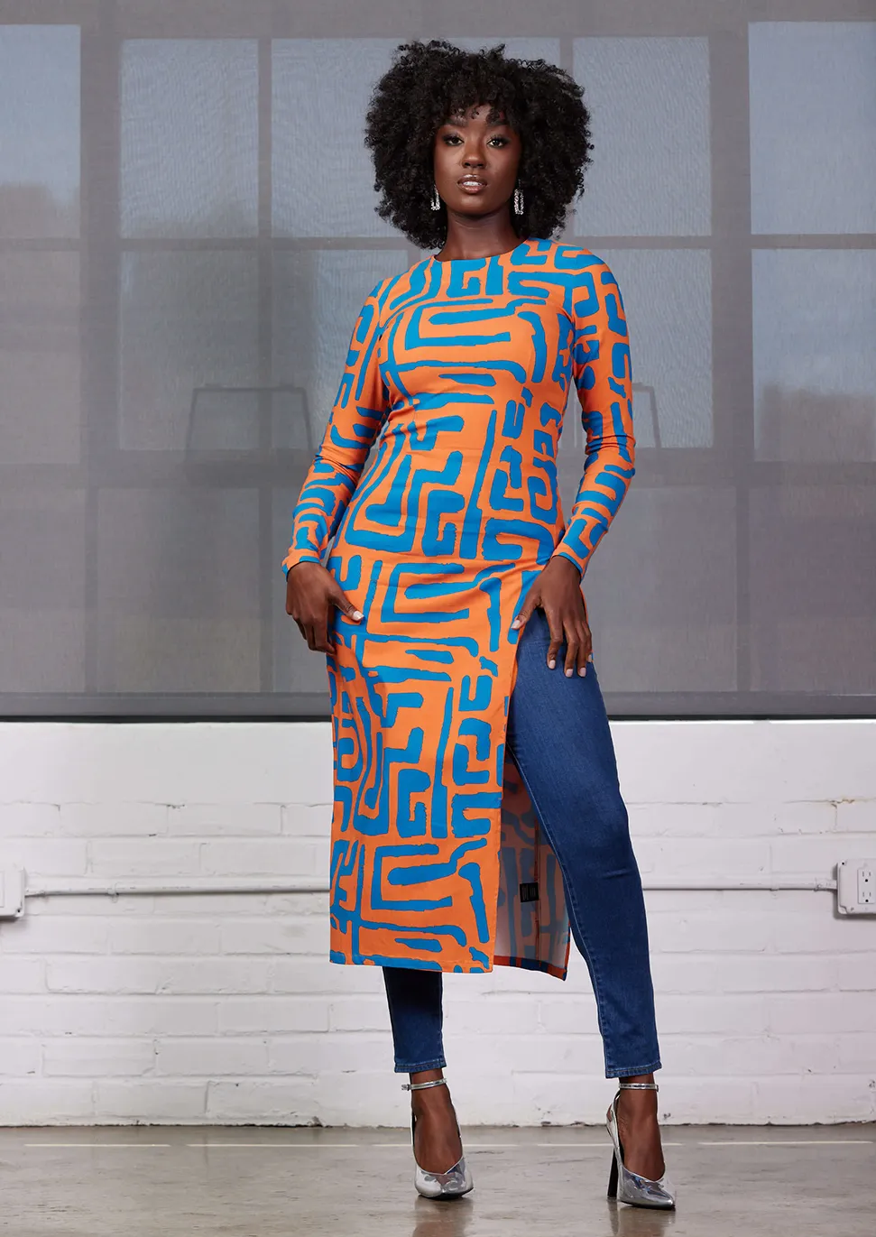 Chidima Women's African Print Stretch Midi Dress (Orange Blue Geometric) sold by D'iyanu product image thumbnail 5