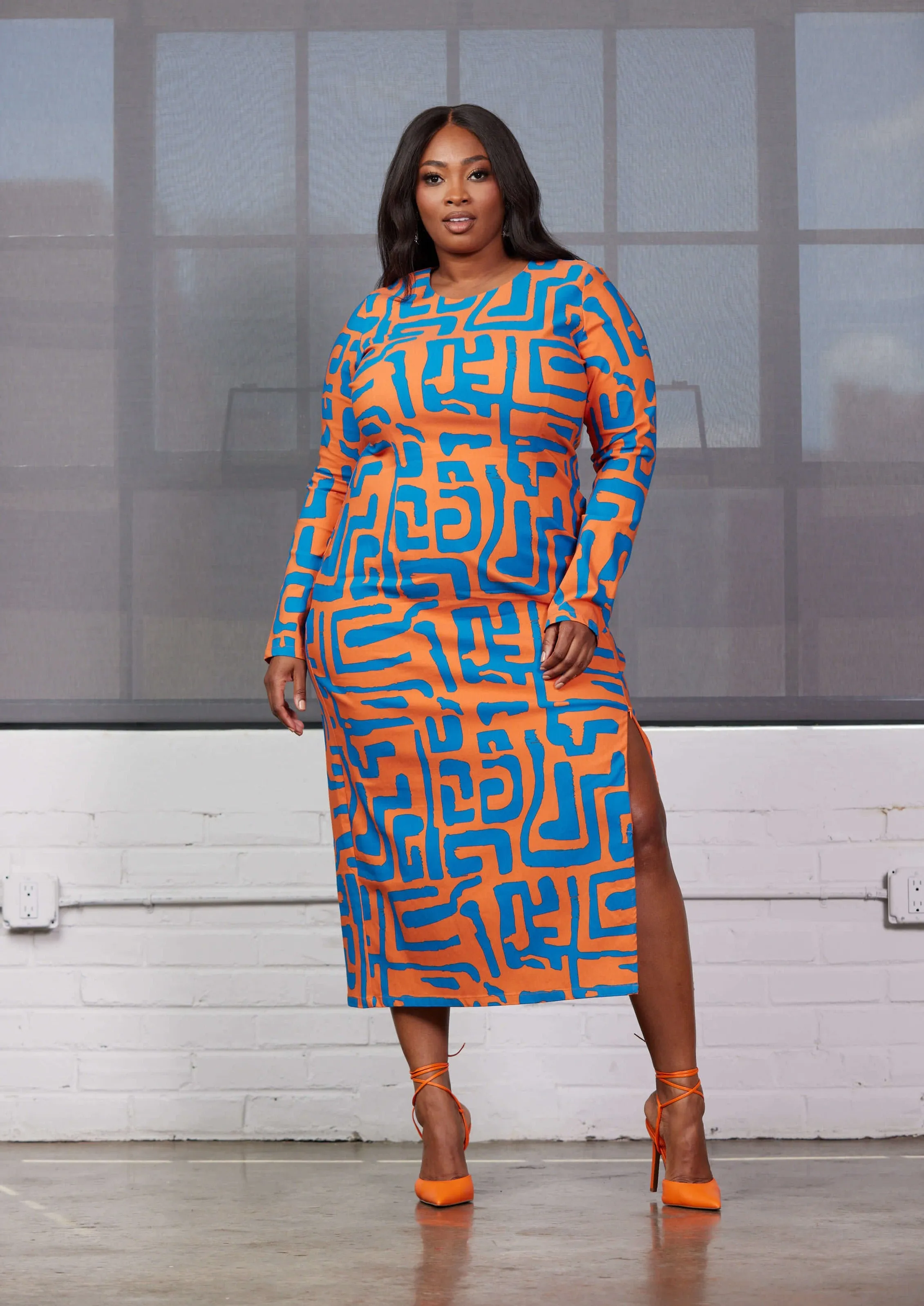 Chidima Women's African Print Stretch Midi Dress (Orange Blue Geometric) sold by D'iyanu product image thumbnail 2