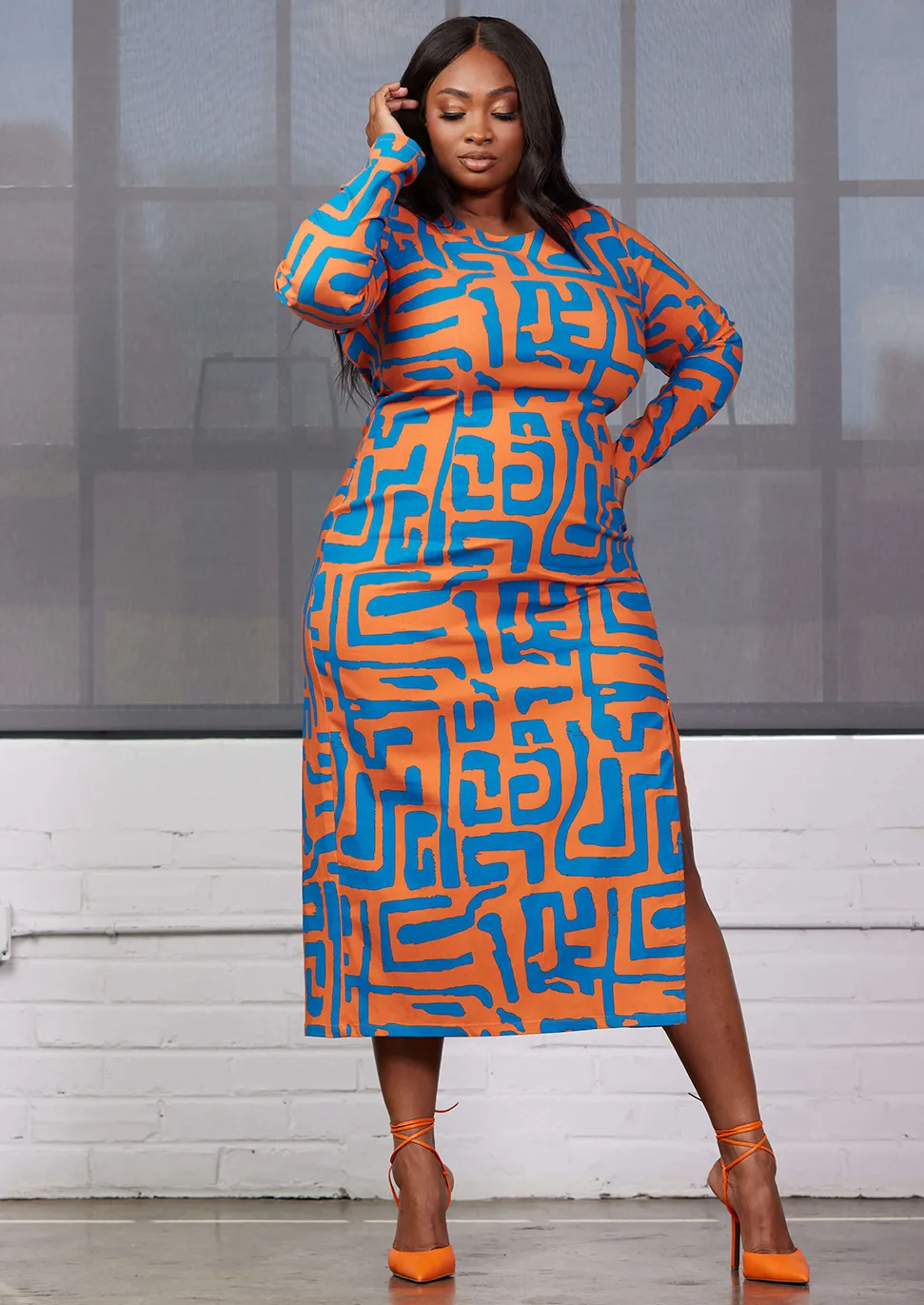 Chidima Women's African Print Stretch Midi Dress (Orange Blue Geometric) sold by D'iyanu product image thumbnail 4