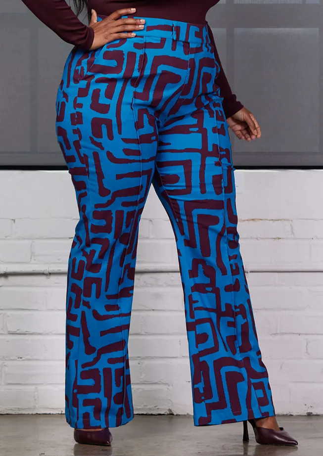 Abebe Women's African Print Stretch Wide Leg Pants (Fig Blue Geometric) - Clearance sold by D'iyanu product image thumbnail 2