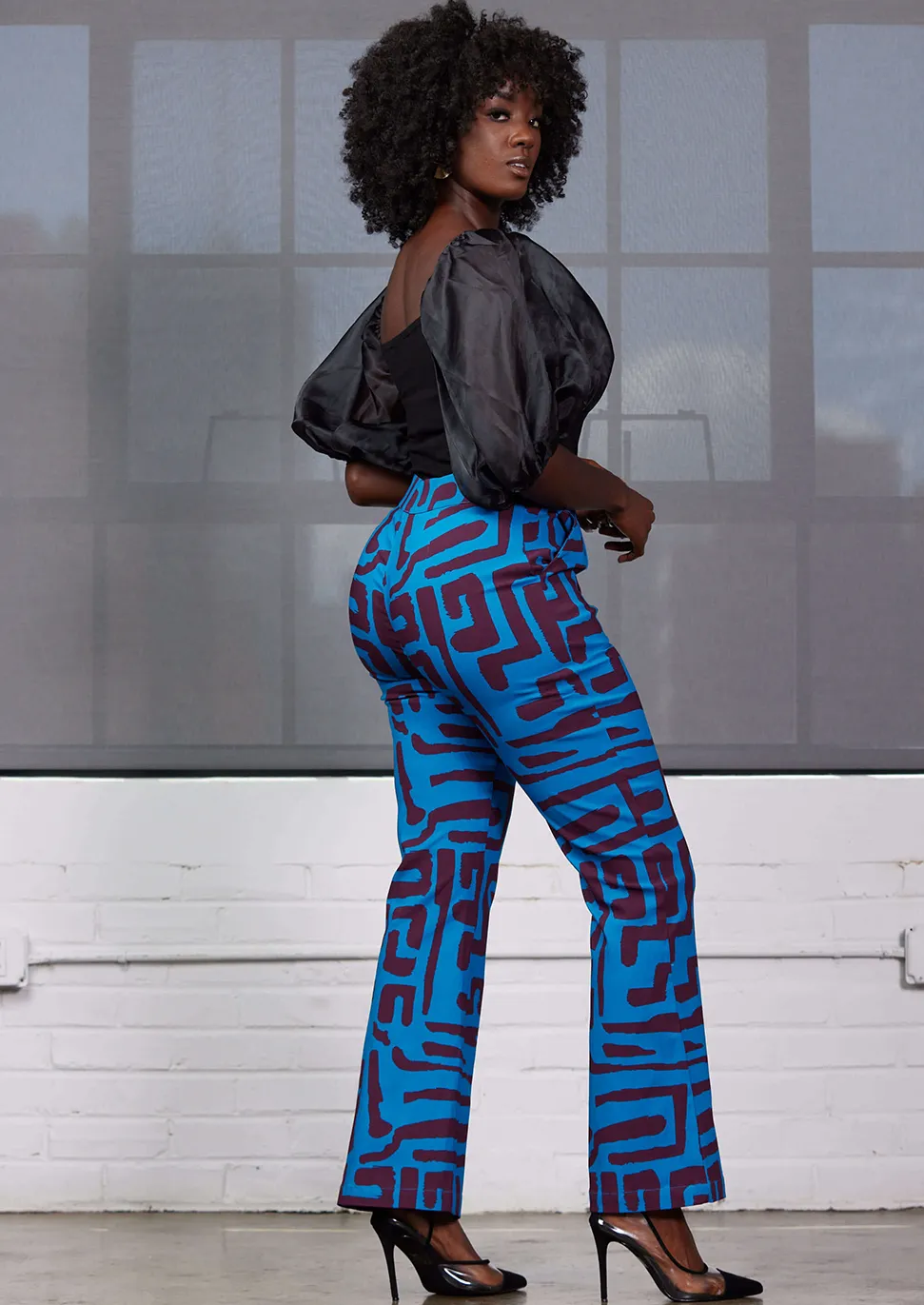 Abebe Women's African Print Stretch Wide Leg Pants (Fig Blue Geometric) - Clearance sold by D'iyanu product image thumbnail 5