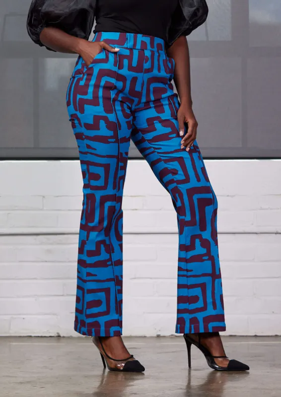 Abebe Women's African Print Stretch Wide Leg Pants (Fig Blue Geometric) - Clearance sold by D'iyanu