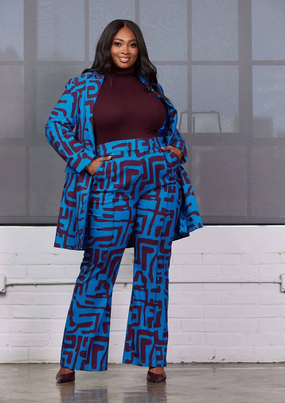 Abebe Women's African Print Stretch Wide Leg Pants (Fig Blue Geometric) - Clearance sold by D'iyanu product image thumbnail 4