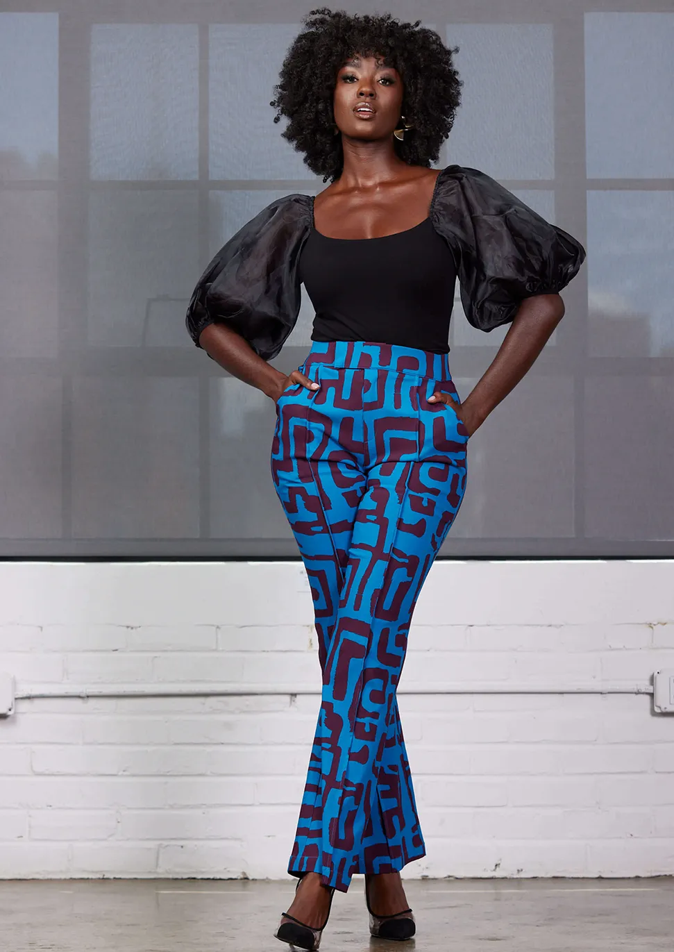 Abebe Women's African Print Stretch Wide Leg Pants (Fig Blue Geometric) - Clearance sold by D'iyanu product image thumbnail 3