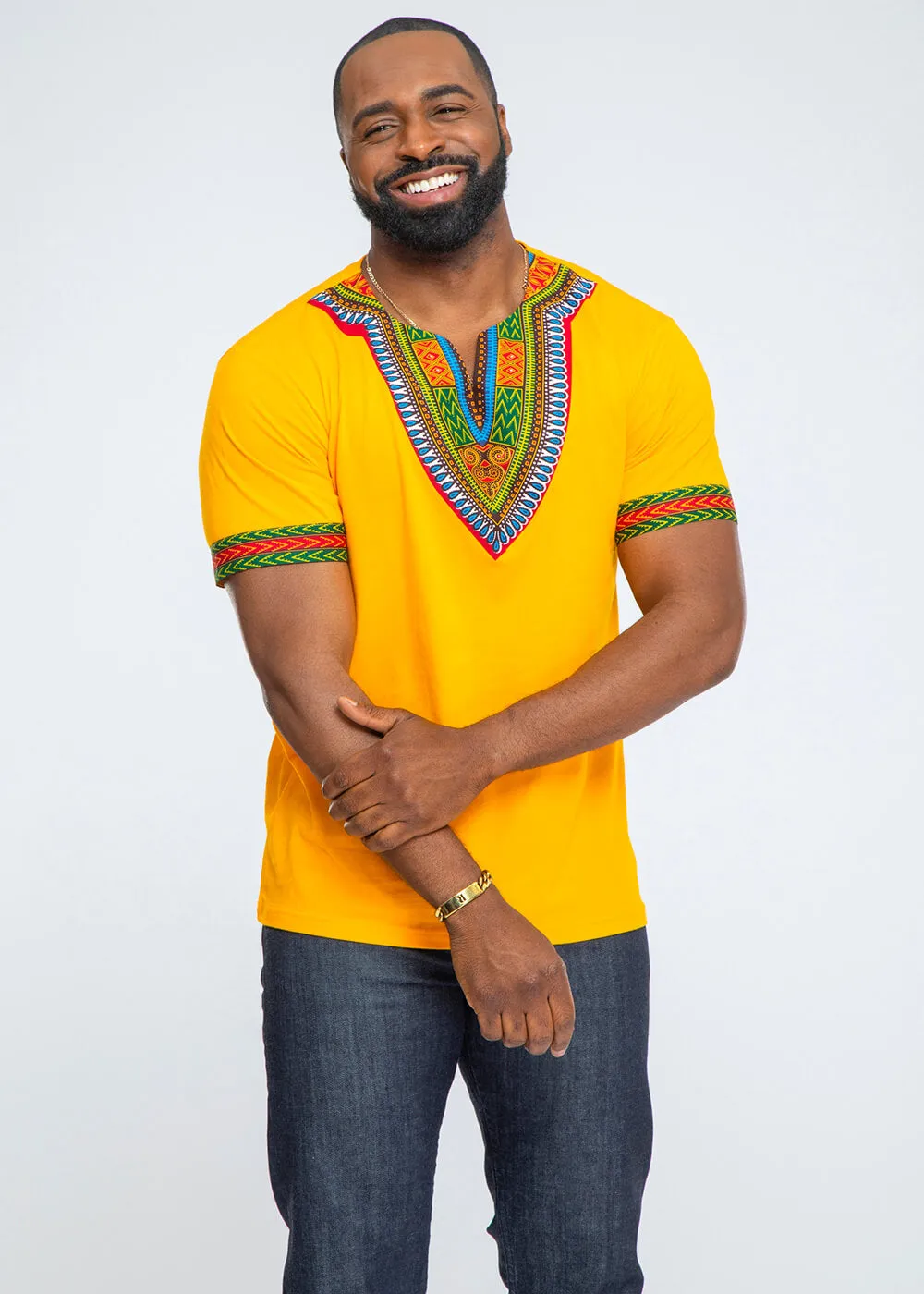 Men's African Print Dashiki T-Shirt (Gold) sold by D'iyanu product image thumbnail 5