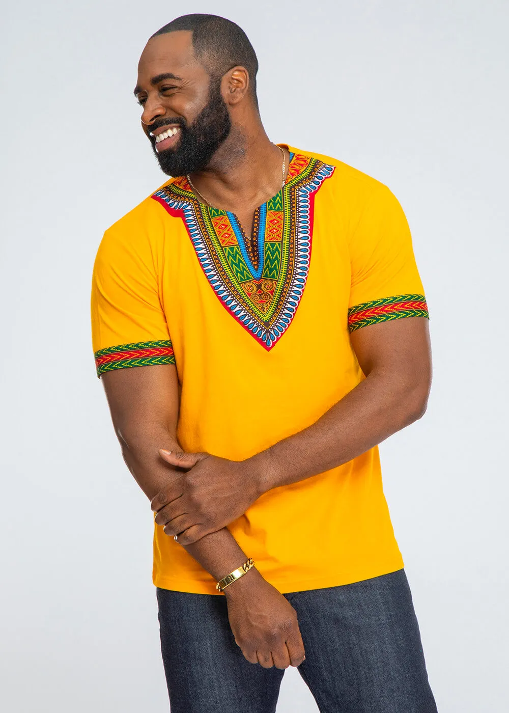 Men's African Print Dashiki T-Shirt (Gold) sold by D'iyanu